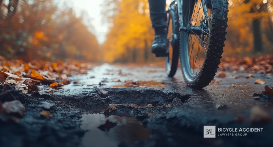 A close-up of a bicycle wheel approaching a large, water-filled pothole on a leaf-covered road.