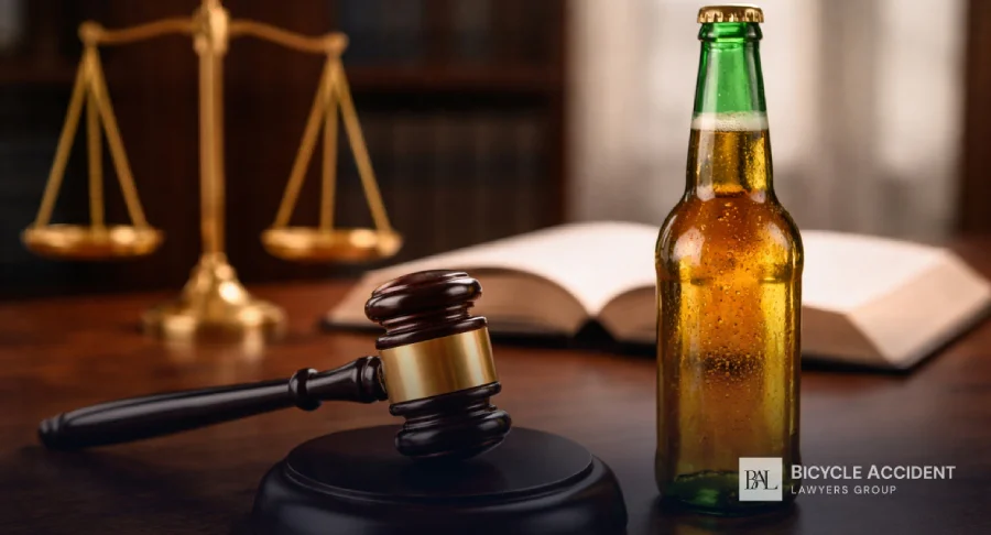 A beer bottle sits on a desk next to a judge's gavel and golden scales of justice.