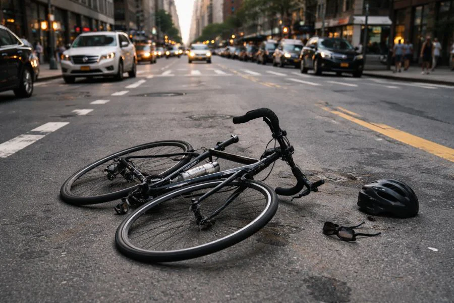 Damaged bicycle lying on New York street after accident, helmet nearby, blurred traffic and buildings.