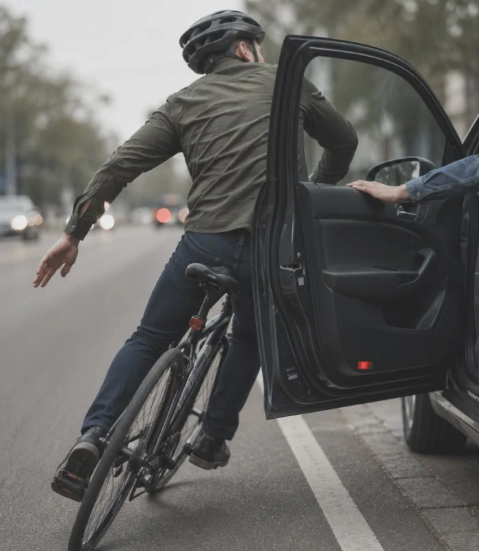 Cyclist struck by opening car door while riding along urban street traffic lane