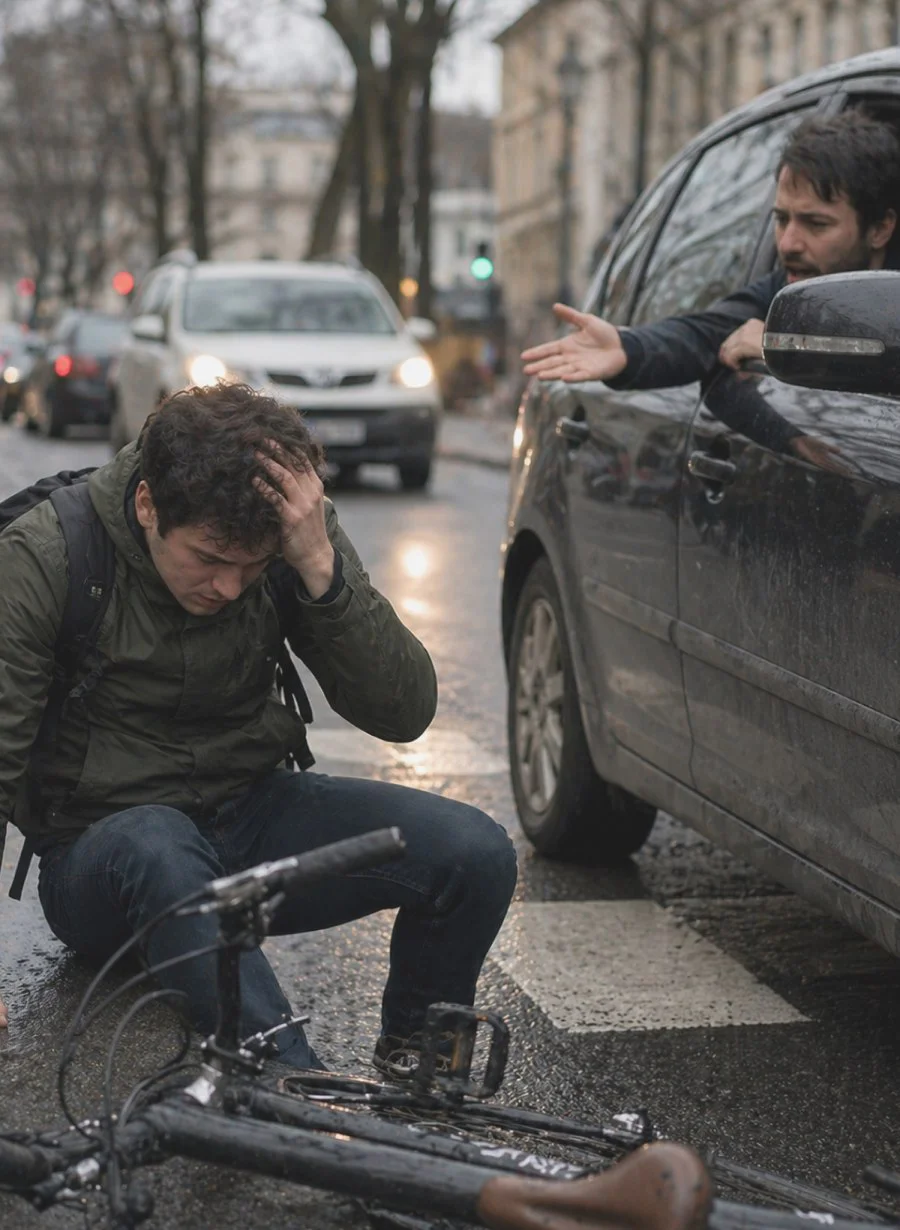 Cyclist sitting on road after crash, driver gesturing from car window in traffic.