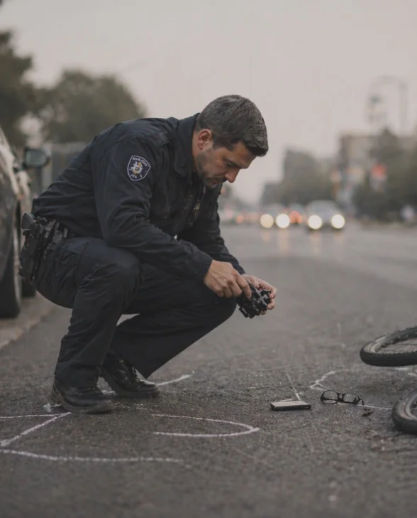 Police officer documents bicycle crash scene, photographing evidence on roadway.
