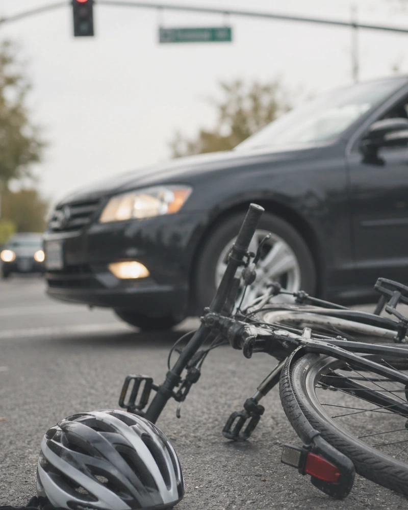 Bicycle lying on road near car at red light after collision