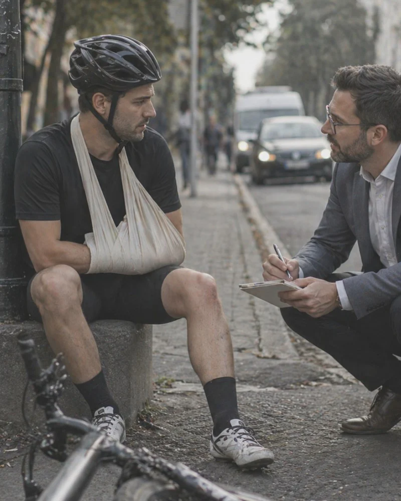 Injured cyclist with arm sling speaking to lawyer on sidewalk after crash.