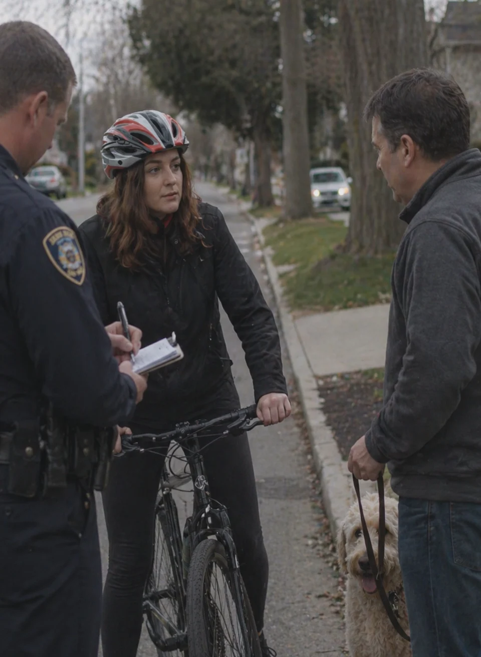 Cyclist speaking with police and dog owner after street incident involving leashed dog