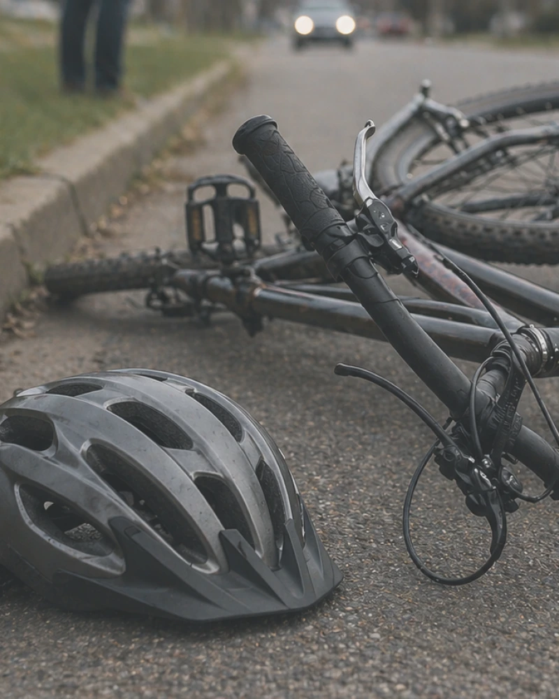 Bicycle and helmet lying on road after crash with approaching car in background