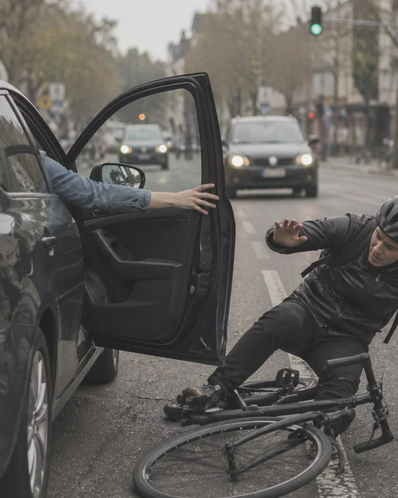 Cyclist falling after car door opens into bike lane, dooring crash moment.