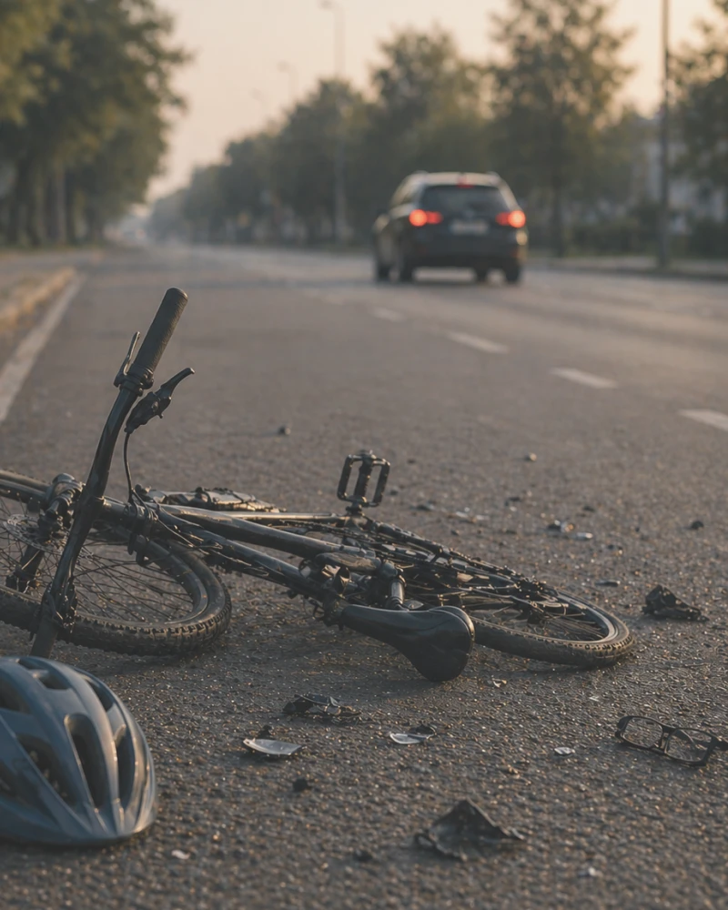 Bicycle and helmet lying on road after crash as car drives away