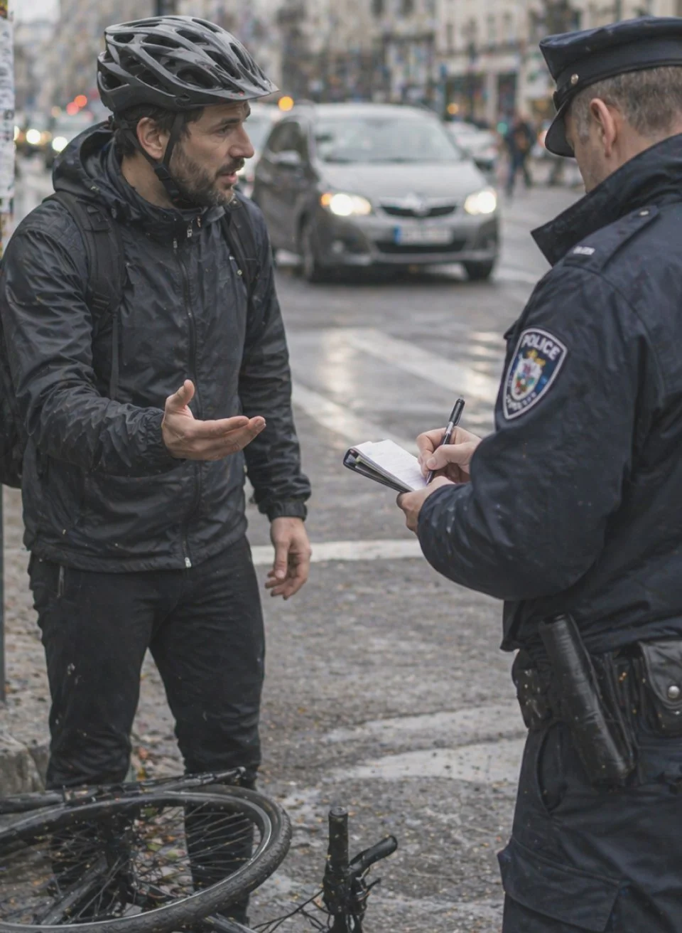 Cyclist speaking with police officer after crash, damaged bicycle on wet street.