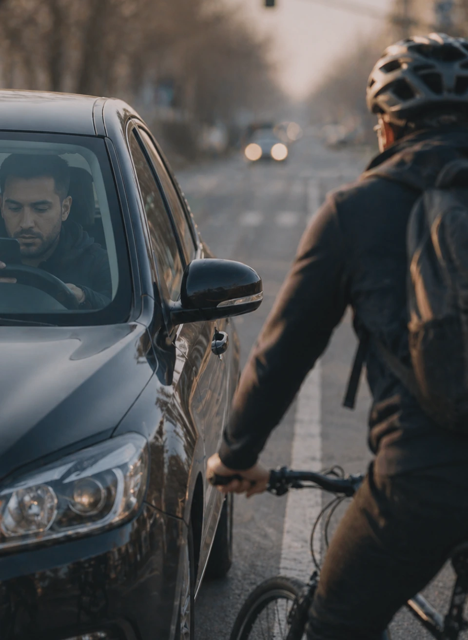 Driver using phone while passing cyclist too closely on city street