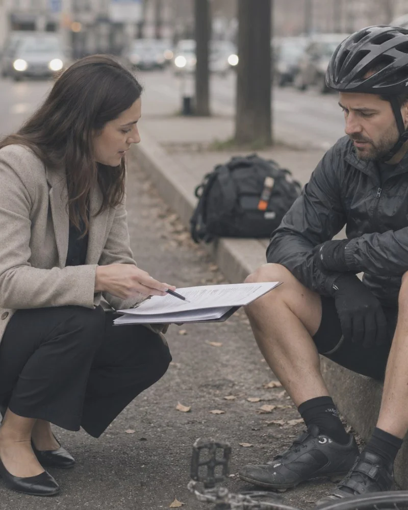 Injured cyclist reviewing documents with woman after accident, bicycle on ground nearby.
