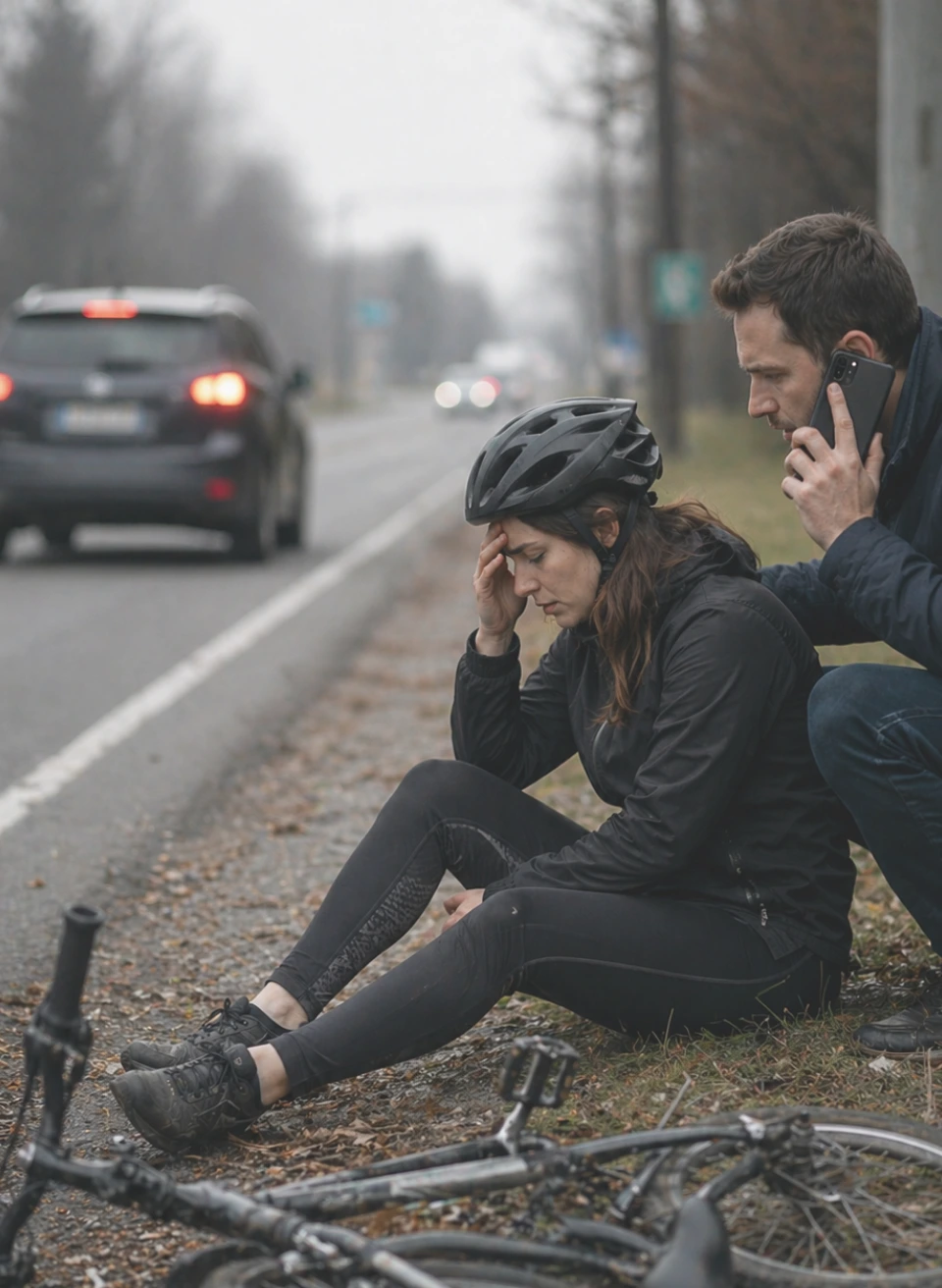 Injured cyclist sitting roadside after crash while man calls emergency services