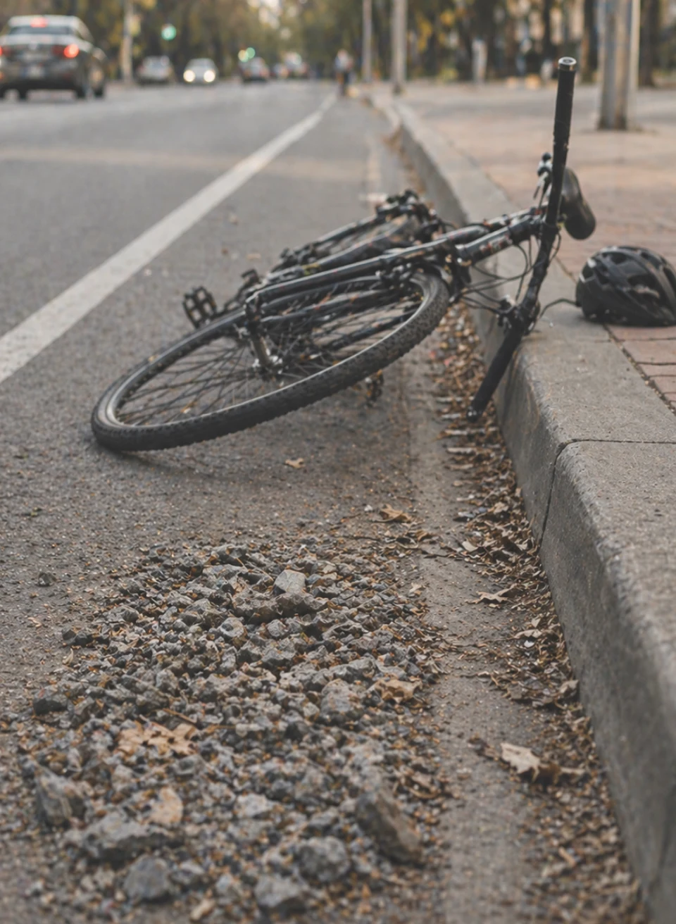 Bicycle crashed near curb with loose gravel hazard on roadway
