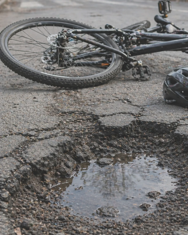 Bicycle crashed near large pothole filled with water on damaged road