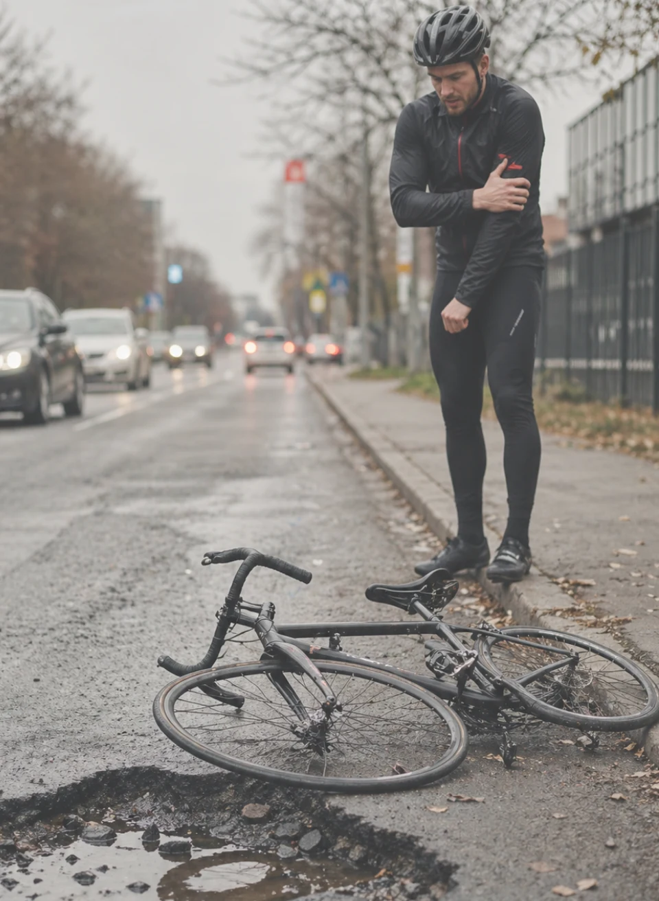 Cyclist holding injured arm after crash caused by pothole on city street