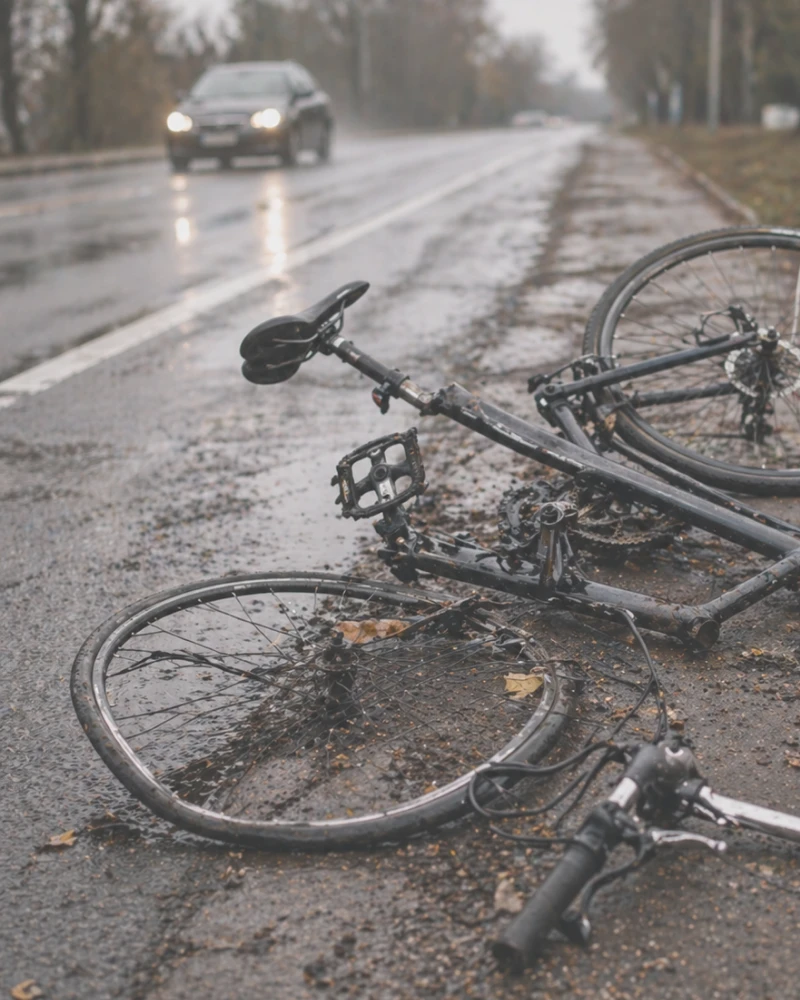 Damaged bicycle lying on wet road after crash with approaching car