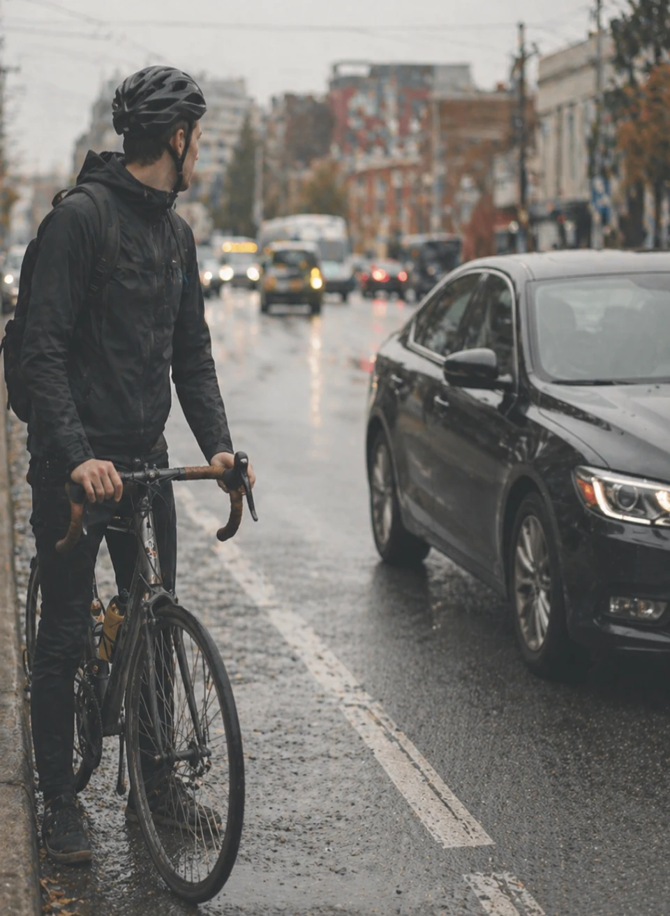 Cyclist stopped in traffic lane looking at approaching car on wet city street