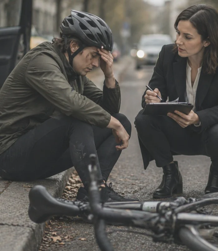 Injured cyclist sitting on curb while woman takes notes after accident, bicycle on ground.