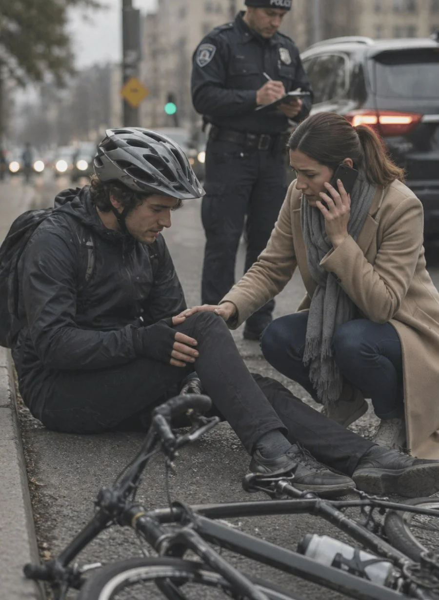 Injured cyclist sitting on curb, woman calling for help, police officer documenting crash.