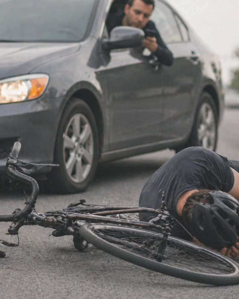 Injured cyclist lying on road after crash with distracted driver