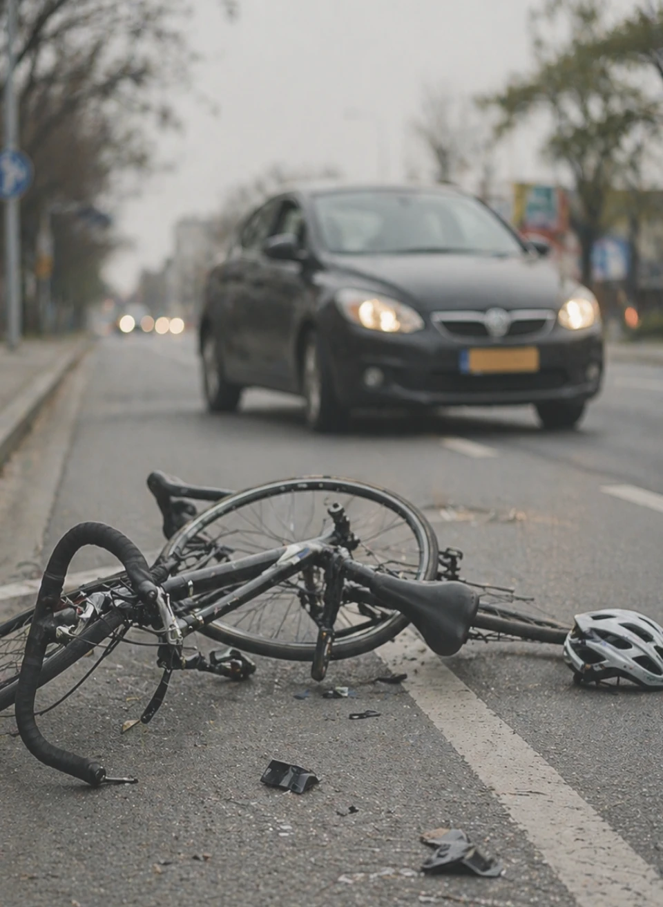 Damaged bicycle on roadway with approaching car after crash