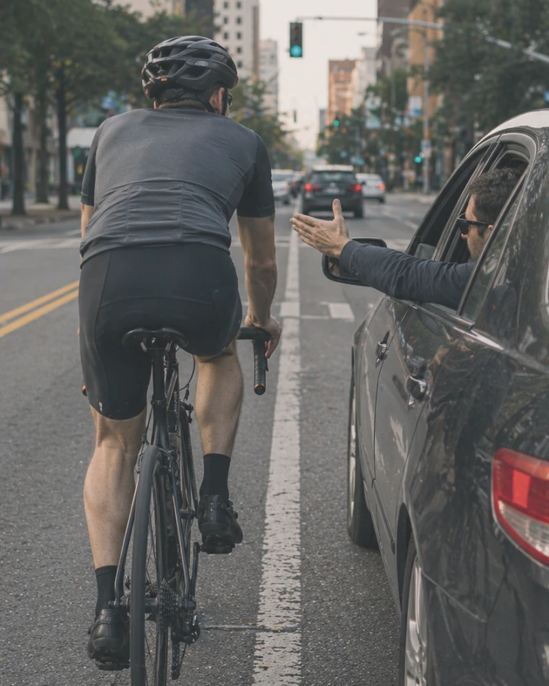 Driver gesturing angrily at cyclist riding in traffic lane on city street