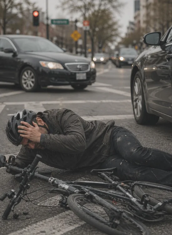 Injured cyclist lying on road after crash, holding head, damaged bicycle nearby, traffic around.