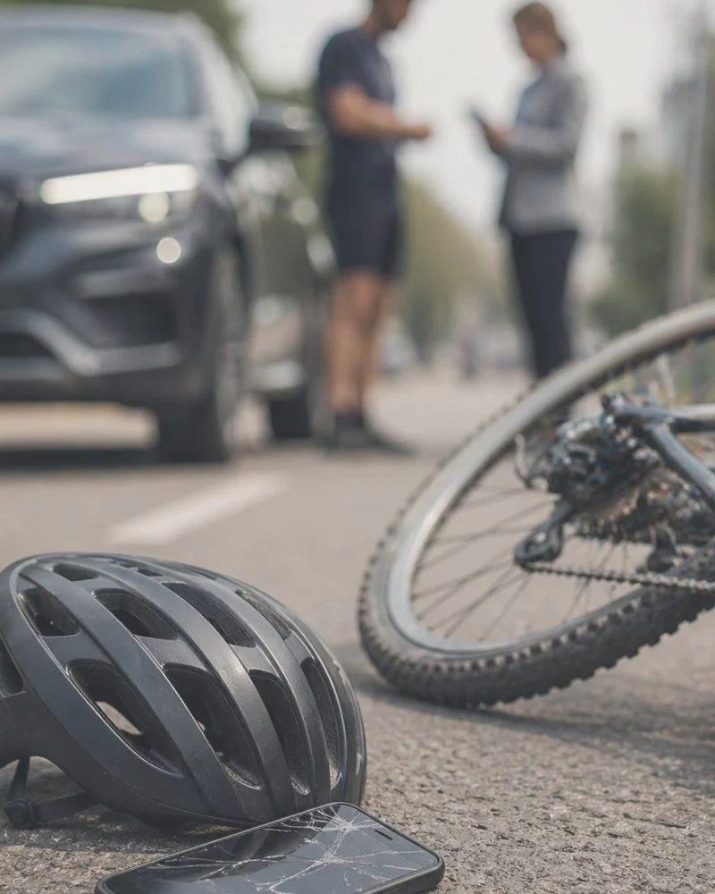 Bicycle accident scene with fallen bike, helmet, cracked phone, and driver talking nearby