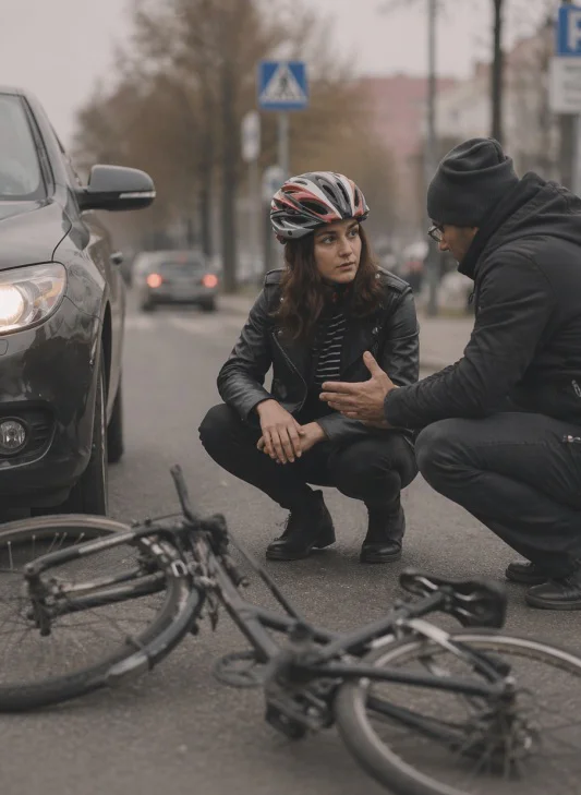 Cyclist with helmet discusses crash with man beside fallen bicycle near parked car.