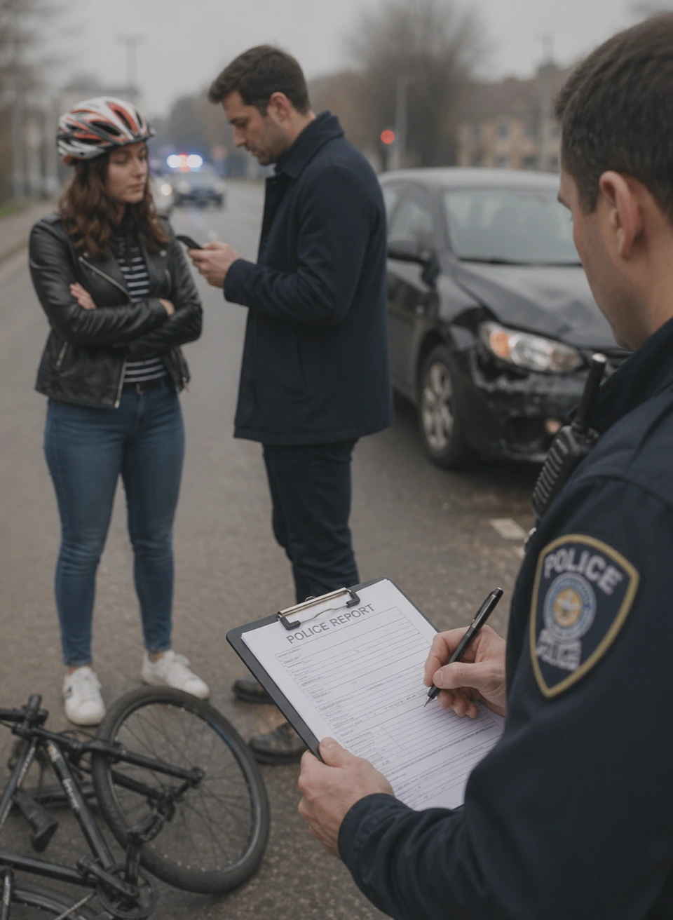 Police officer recording report after bicycle and car accident on street