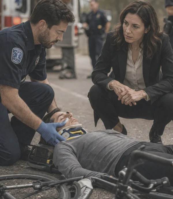 Alt: Paramedic stabilizing injured cyclist with neck brace while woman observes after crash.