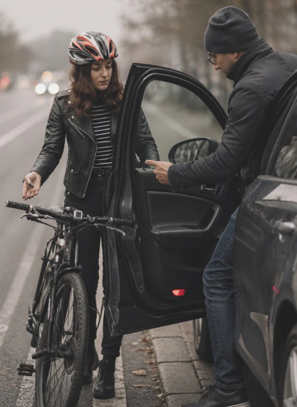 Cyclist confronting driver after dooring incident beside parked car on city road