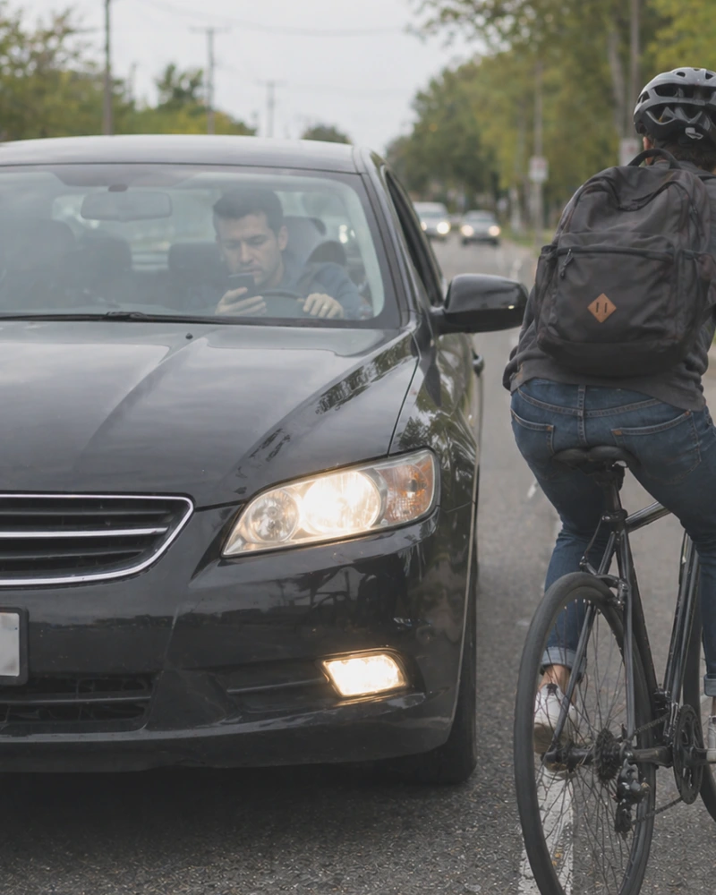 Driver distracted by phone passing cyclist dangerously close on road