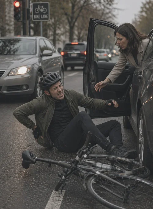 Cyclist injured in dooring crash, driver assisting on busy street, bike on pavement.
