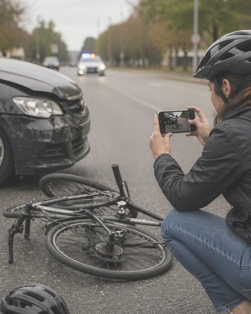 Cyclist photographing damaged bike after collision with car on city street