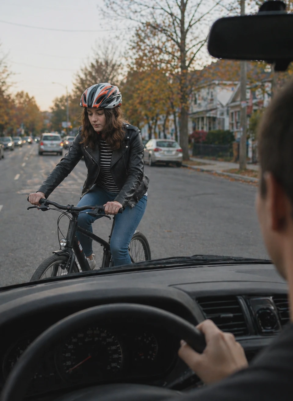 Driver’s view of cyclist riding in front of car on residential street