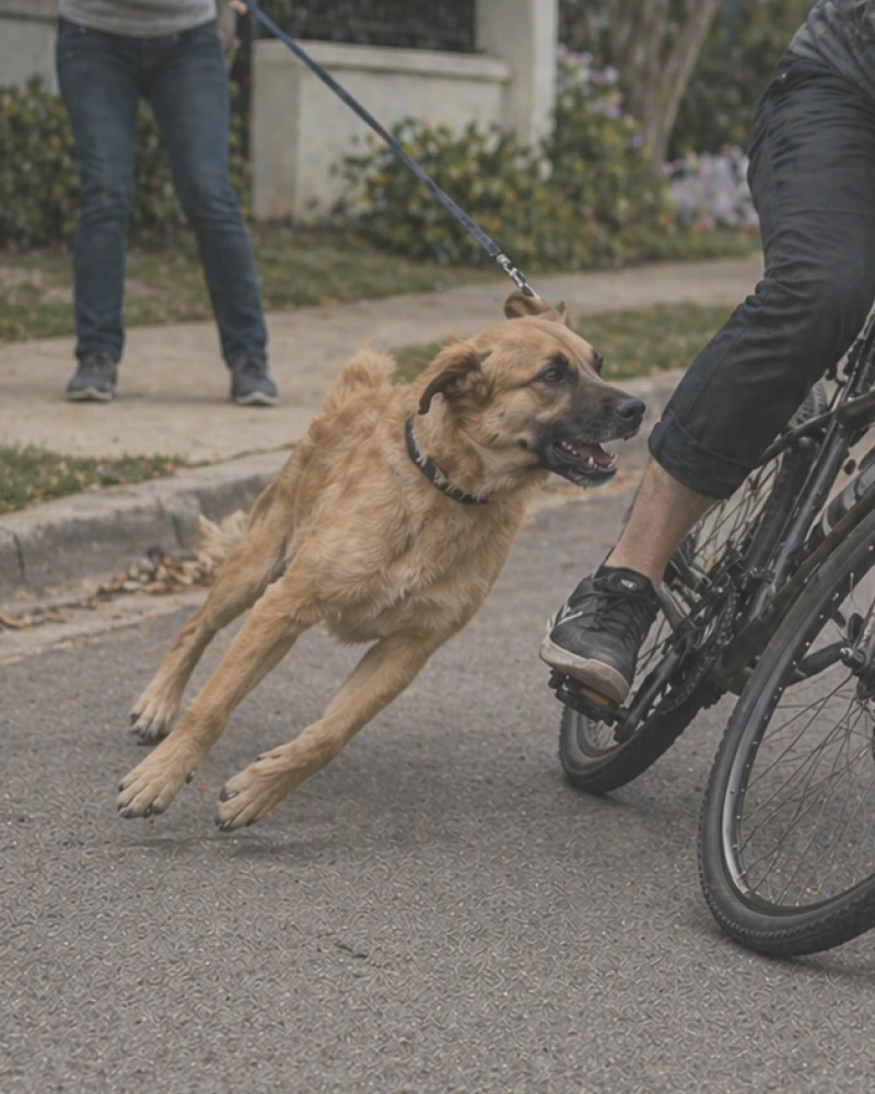 Dog lunging at cyclist on street, leash pulled tight, causing sudden bicycle incident