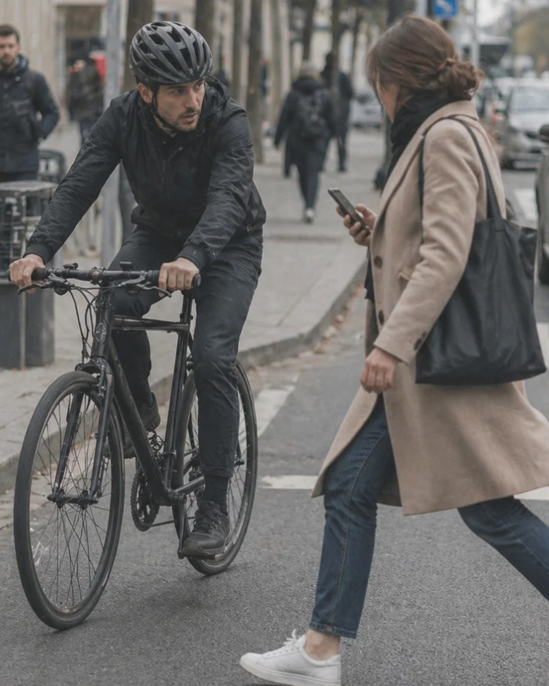 Cyclist braking as pedestrian steps into bike lane, near-collision on city street.