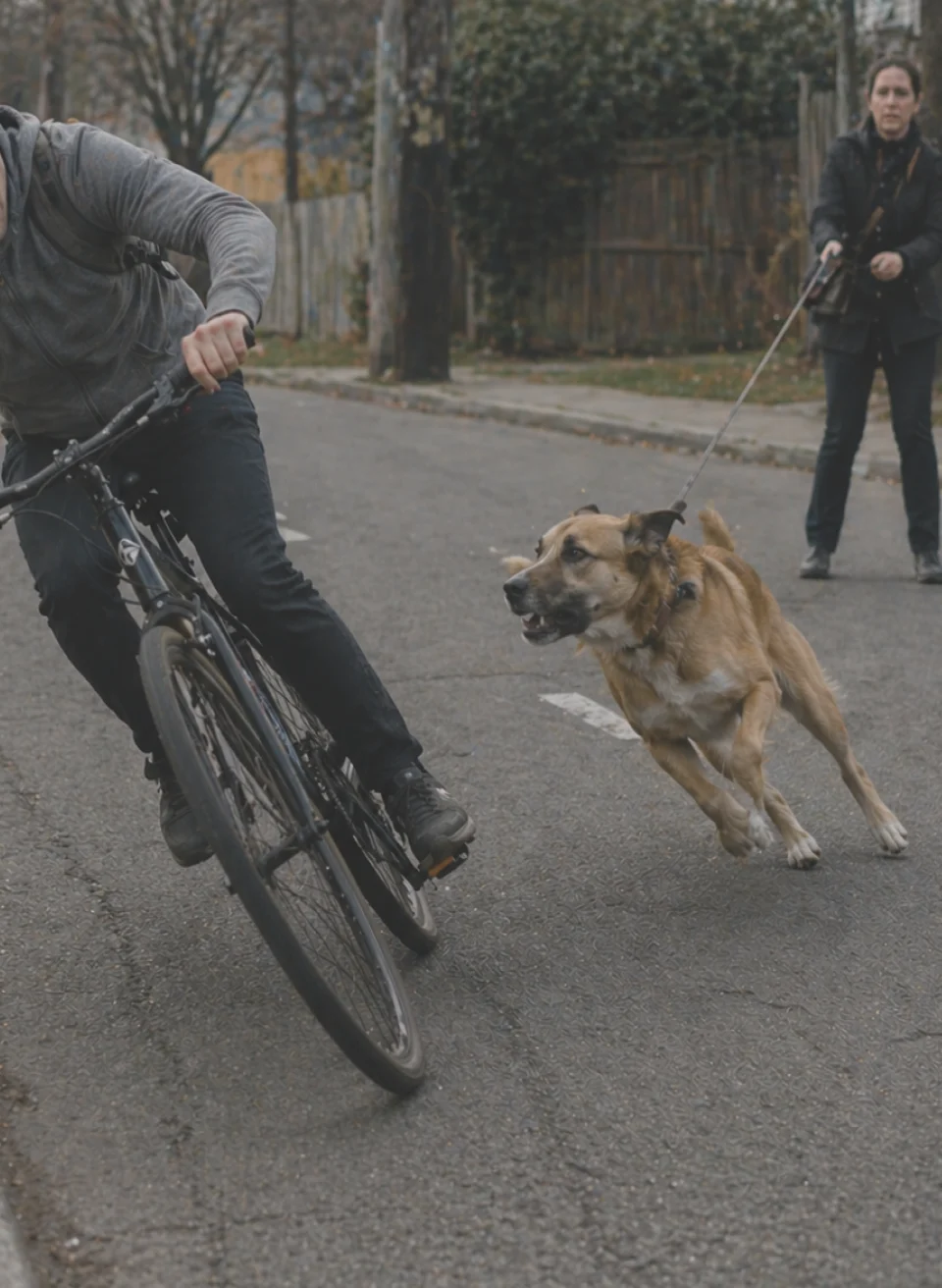 Dog lunging at cyclist on residential street while owner struggles to control leash
