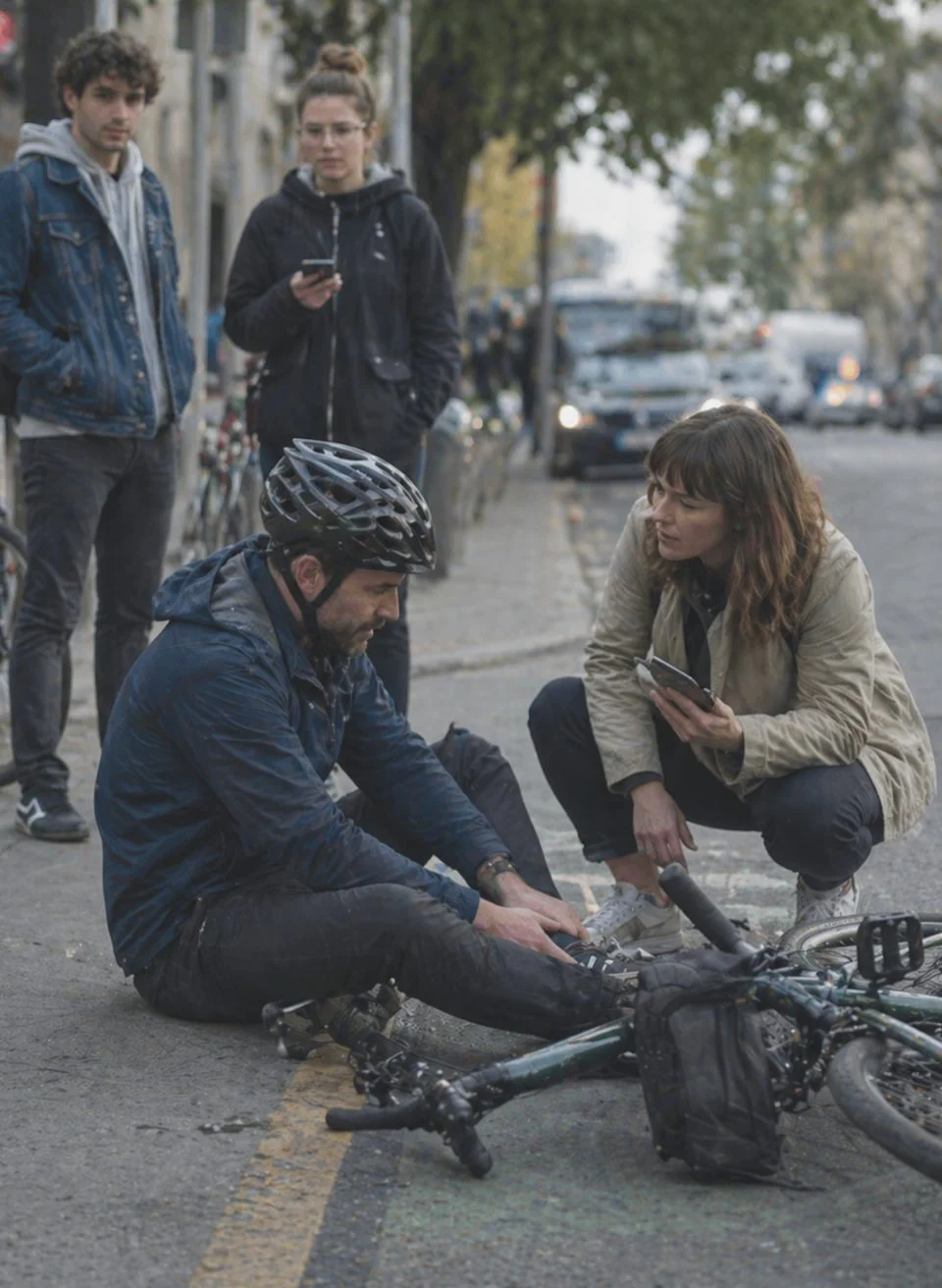 Injured cyclist sitting on road after crash, woman assisting, bystanders watching nearby.