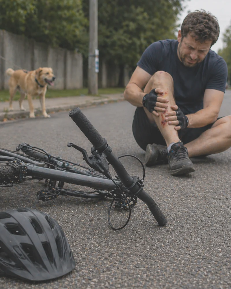 Injured cyclist sitting on road holding bleeding leg after dog-related bicycle crash