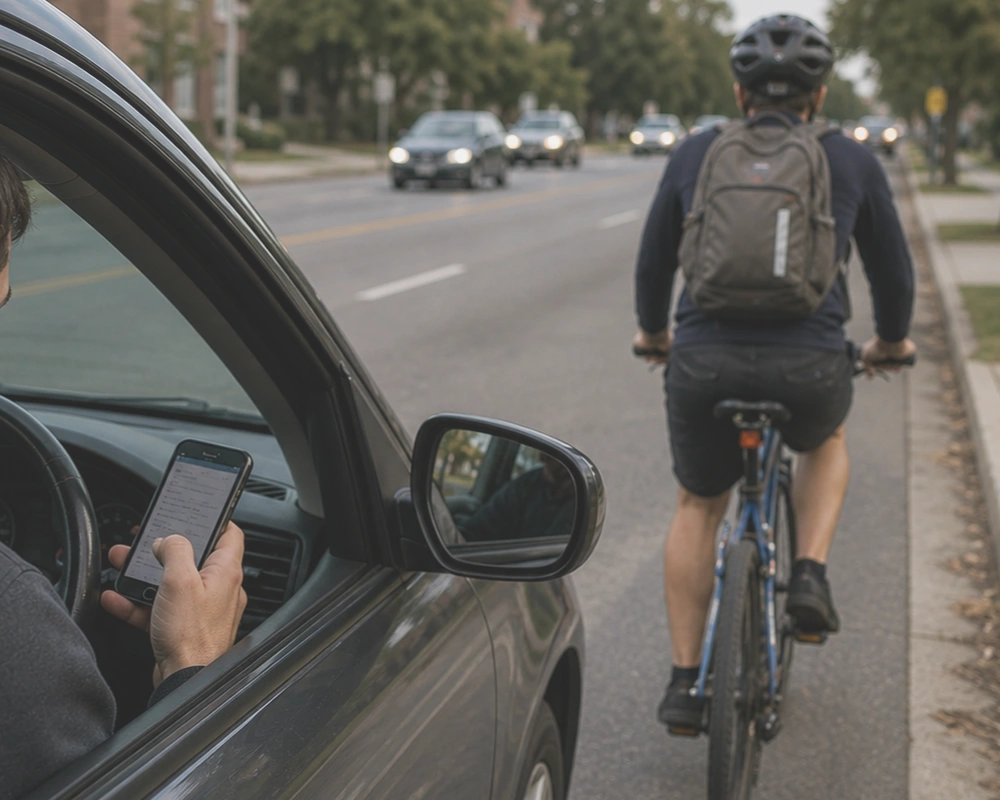 Driver using phone while passing a cyclist on a city street