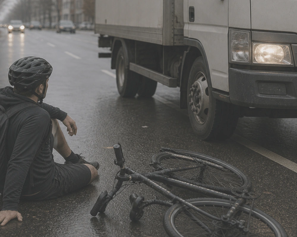 Cyclist sitting on wet road after collision with a truck, damaged bicycle nearby