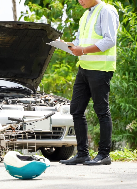 Person in a reflective vest taking notes beside a damaged car and fallen bicycle.
